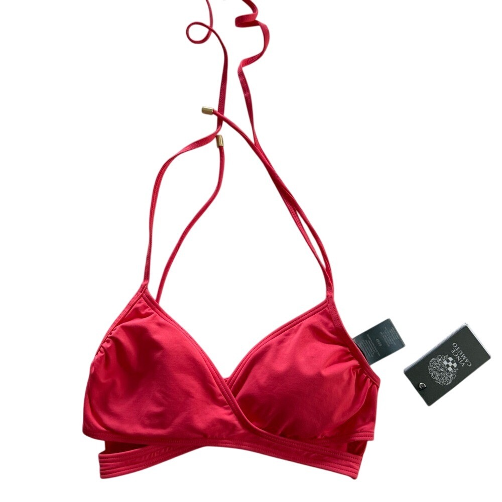 Vince Camuto Watermelon Red Strappy Faux Wrap Biking Swim Bathing-suit Top S NWT